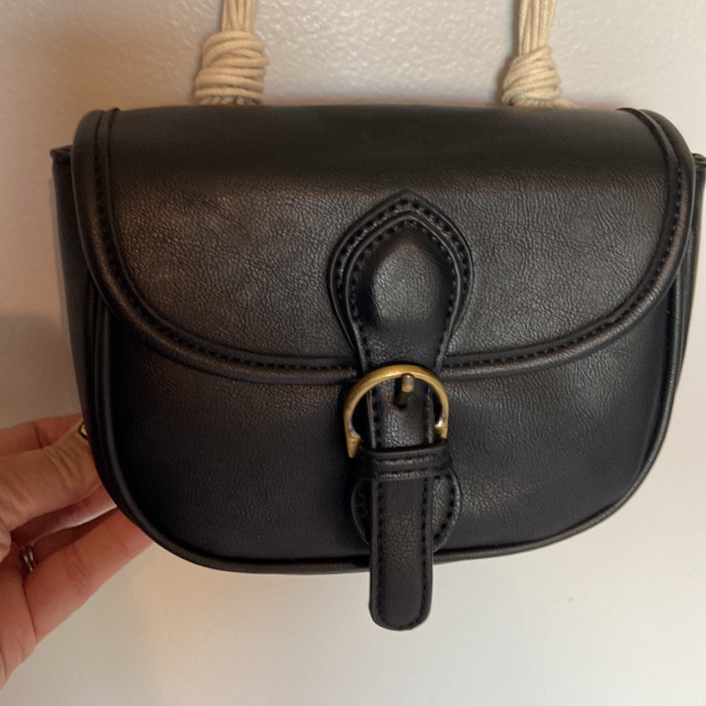 Anthropology Street Level Black Vegan Leather cross body detailed macrame strap